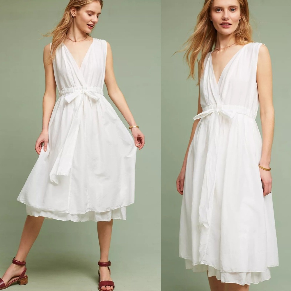 CP Shades Dress White Cotton Silk V-Neck Wrap Tie Julia Midi Dress‎ Size Large